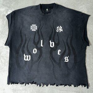 Wolves Flame Destroyed Grunge Cut-Off Tee – Black Spine Sun Fade
